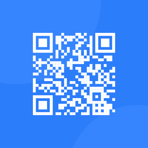 White QR code with blue background. Scanning leads to Frontend Mentor.